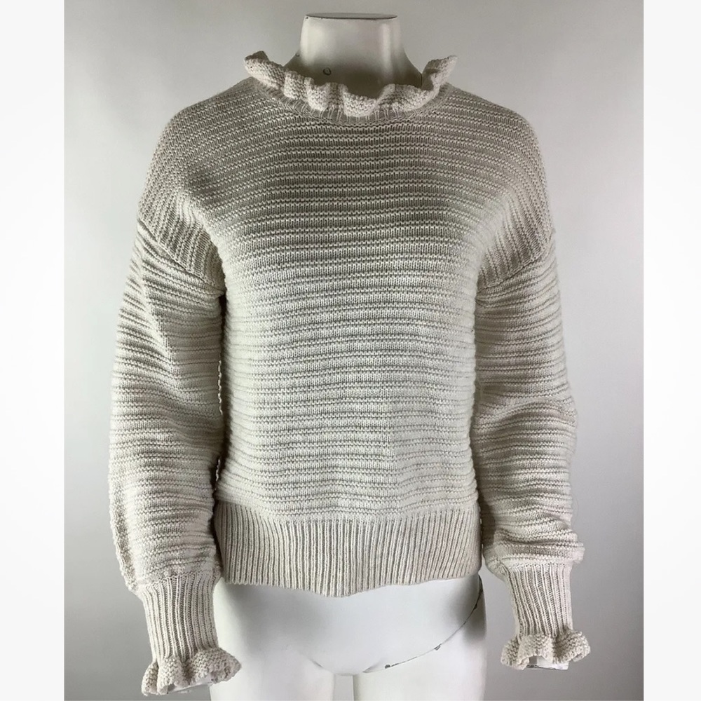 Madewell Sz S Ruffle Trim Pullover Sweater Beige Cotton Merino Wool Ribbed